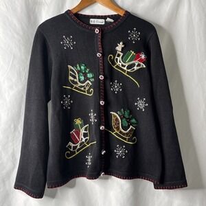 B.P‎ Design Long Sleeve Cardigan L Embroidered Pearl Sweater Holiday Sleigh